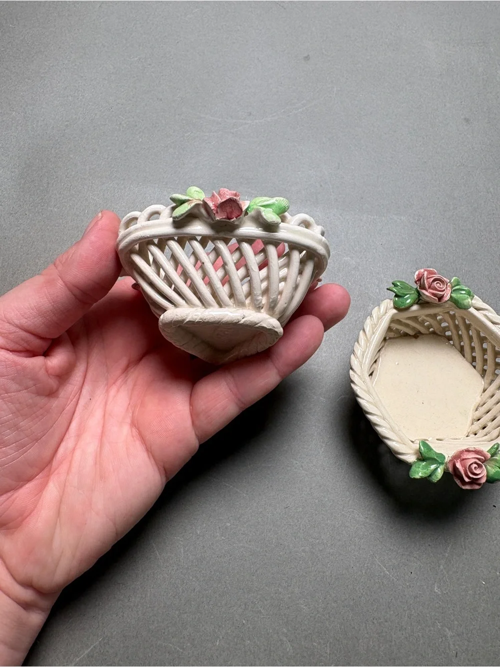 Cottagecore Handmade Italy Ceramic Rose Basket Pair Ring Dish Trinket Dish